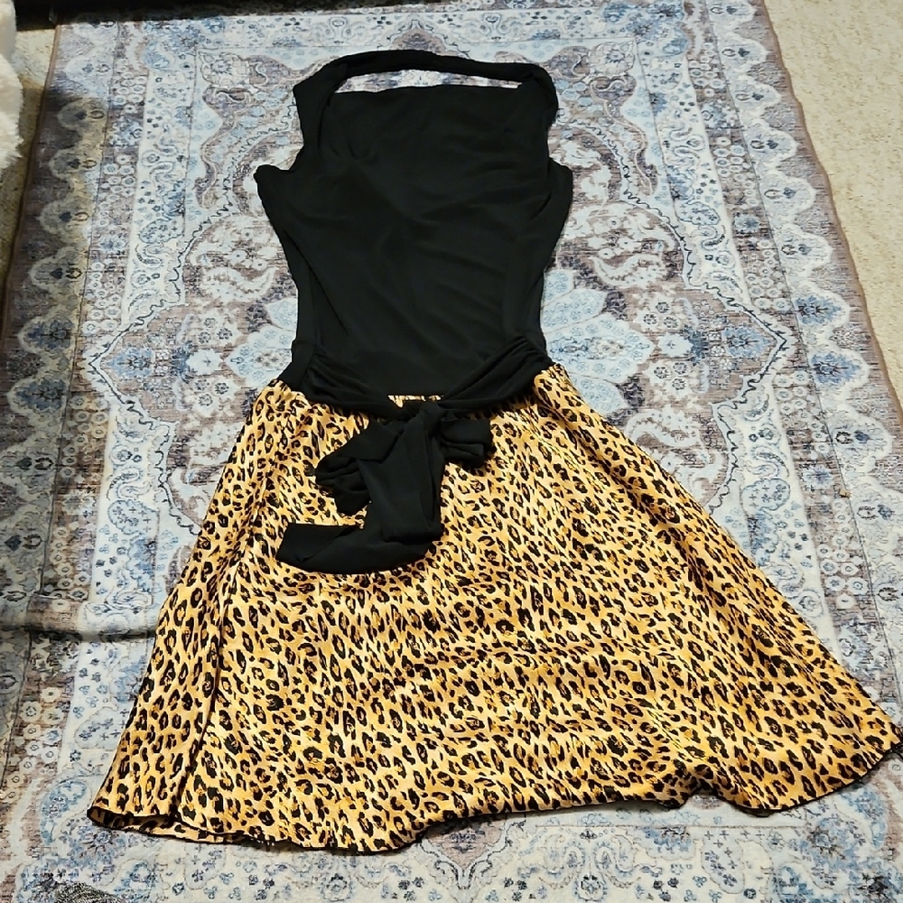 Studio Y Black and Animal Print Midi Dress With Back Cut Out.